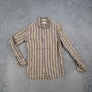 Borriello Napoli Mens 15.5 39 Linen Striped Button Down Shirt Tan Brown Italy